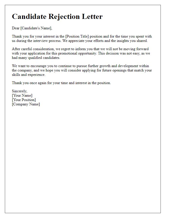 Letter template of candidate rejection for promotional positions.