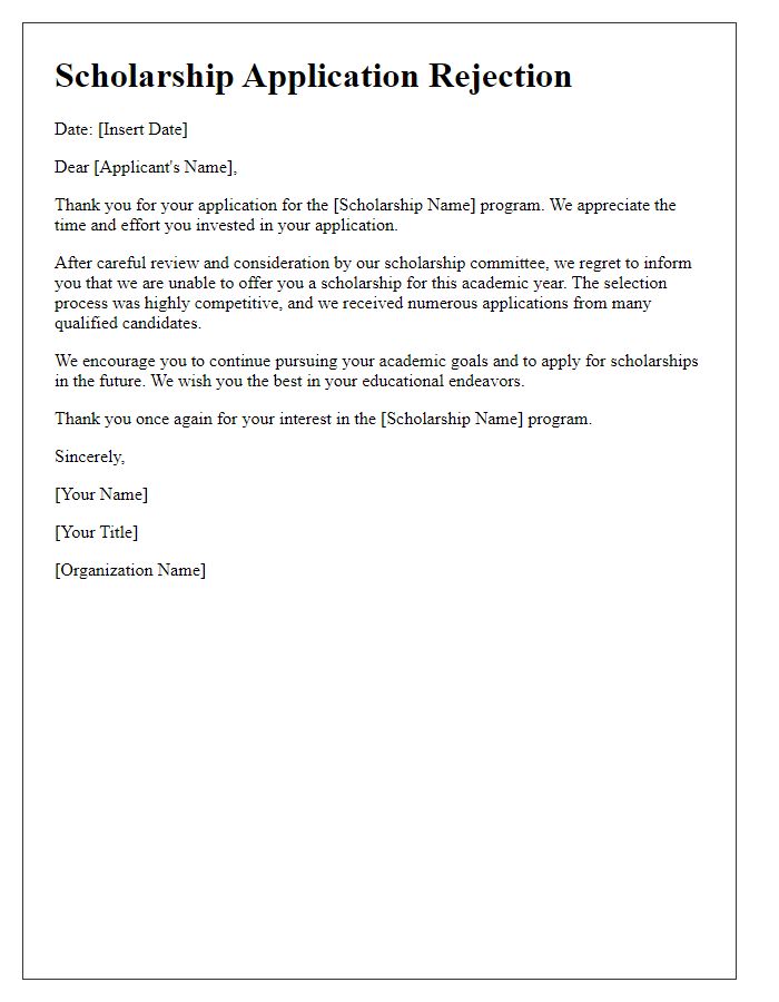 Letter template of candidate rejection for scholarship applicants.