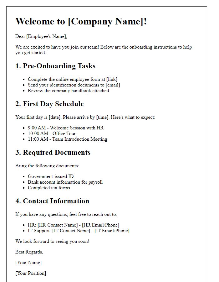 Letter template of onboarding instructions for staff.