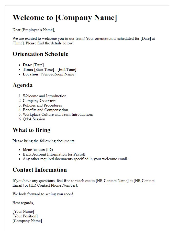 Letter template of orientation details for new employees.