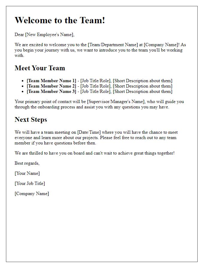 Letter template of team introduction for onboarding process.