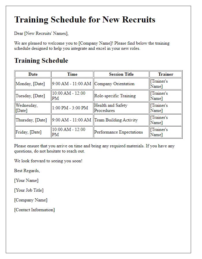 Letter template of training schedule for new recruits.