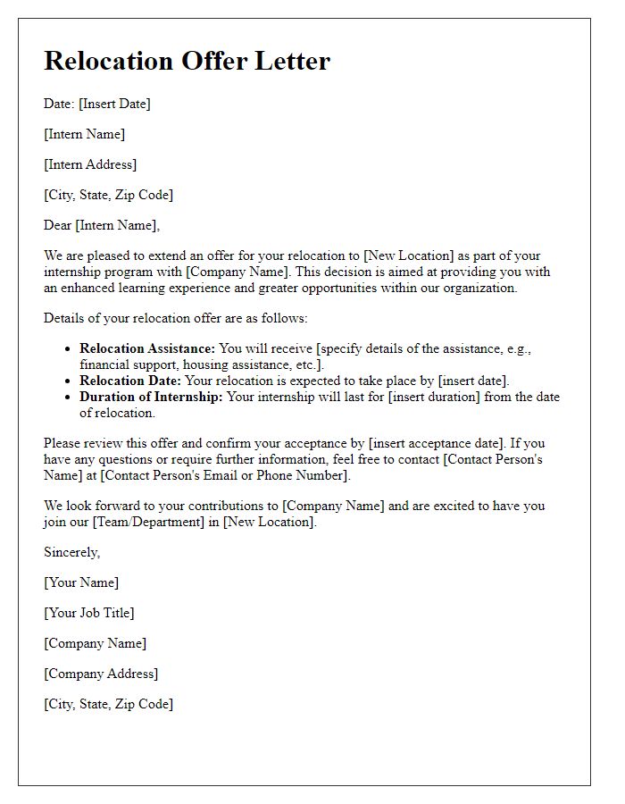 Letter template of employee relocation offer for an intern