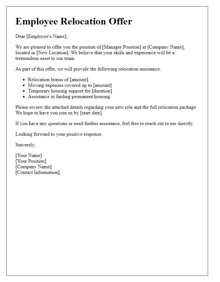 Letter template of employee relocation offer for a manager position