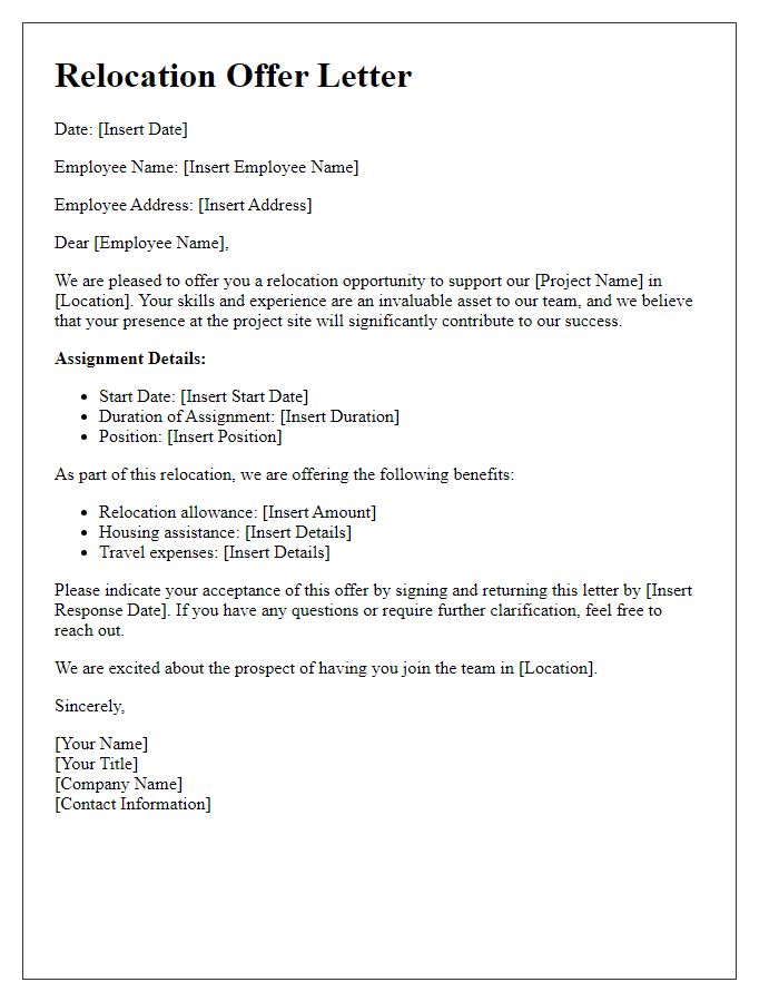 Letter template of employee relocation offer for a project-based assignment