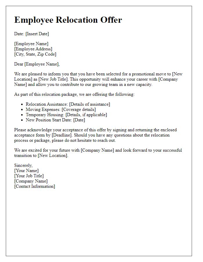 Letter template of employee relocation offer for a promotional move