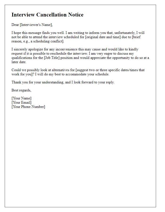 Letter template of interview cancellation with rescheduling request