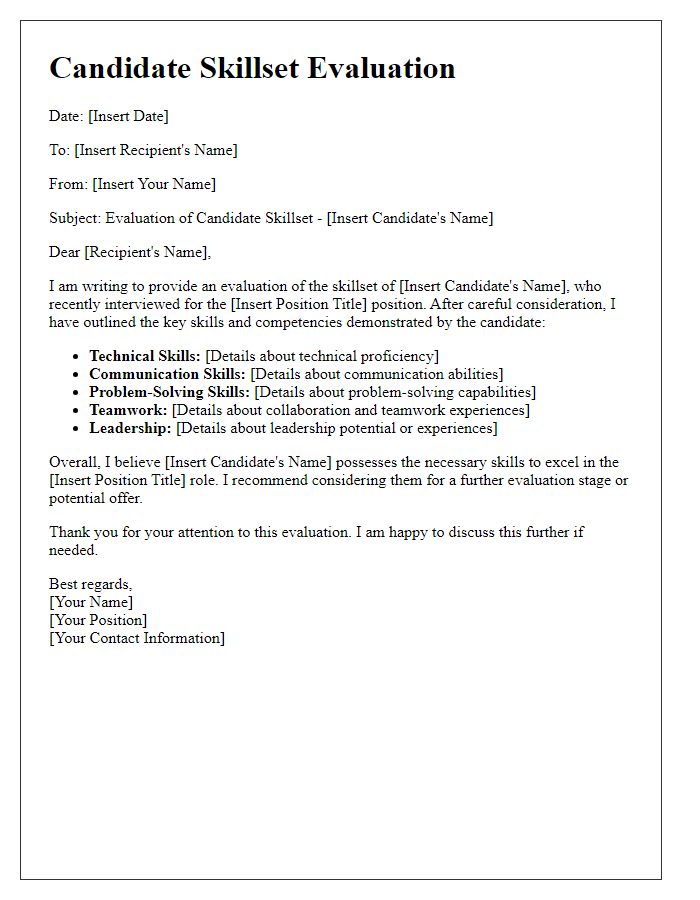 Letter template of candidate skillset evaluation letter