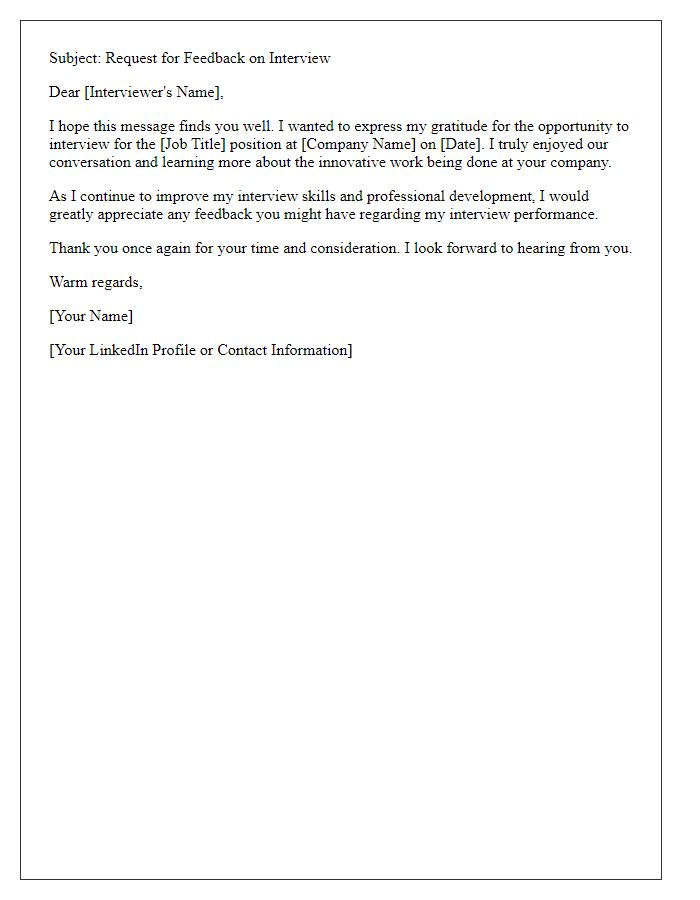 Letter template of professional feedback request after interview.