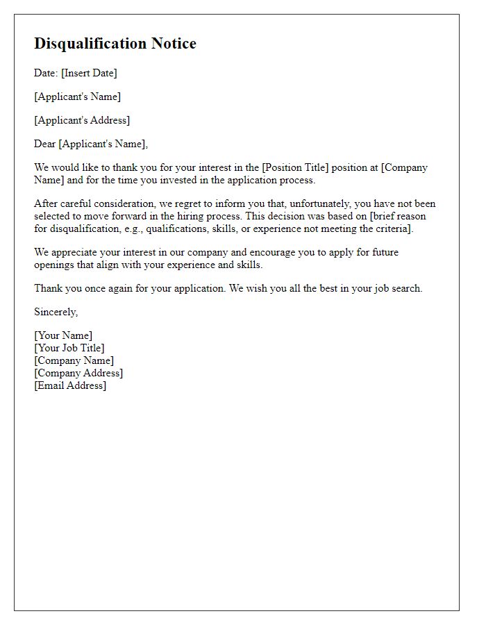 Letter template of disqualification notice for applicants