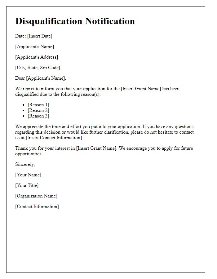 Letter template of disqualification statement for grant applicants