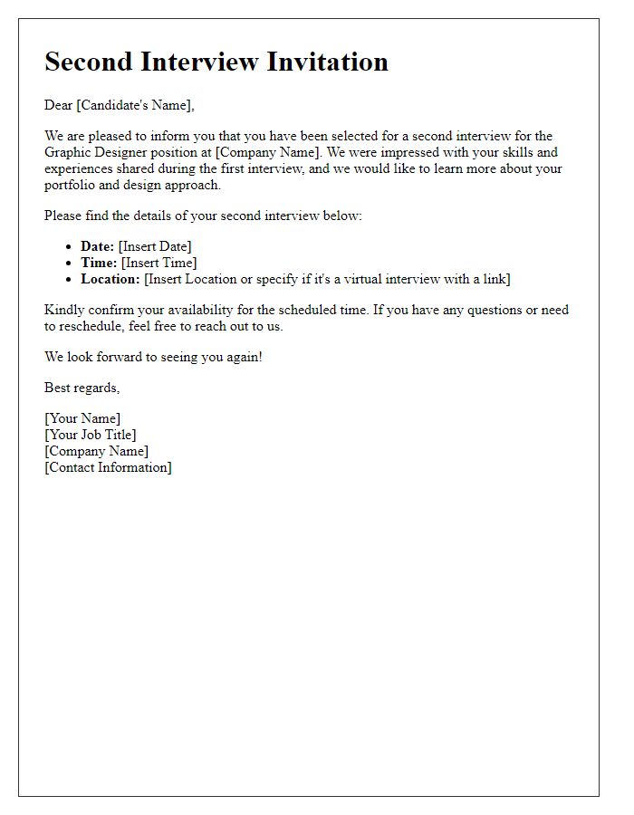 Letter template of second interview invitation for graphic designer candidates