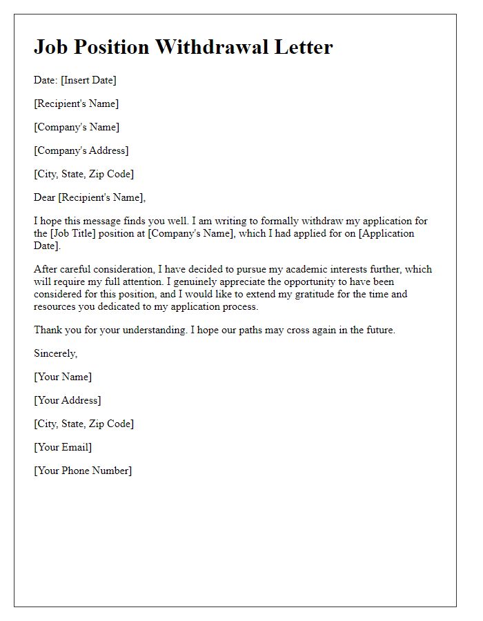 Letter template of job position withdrawal for academic pursuits