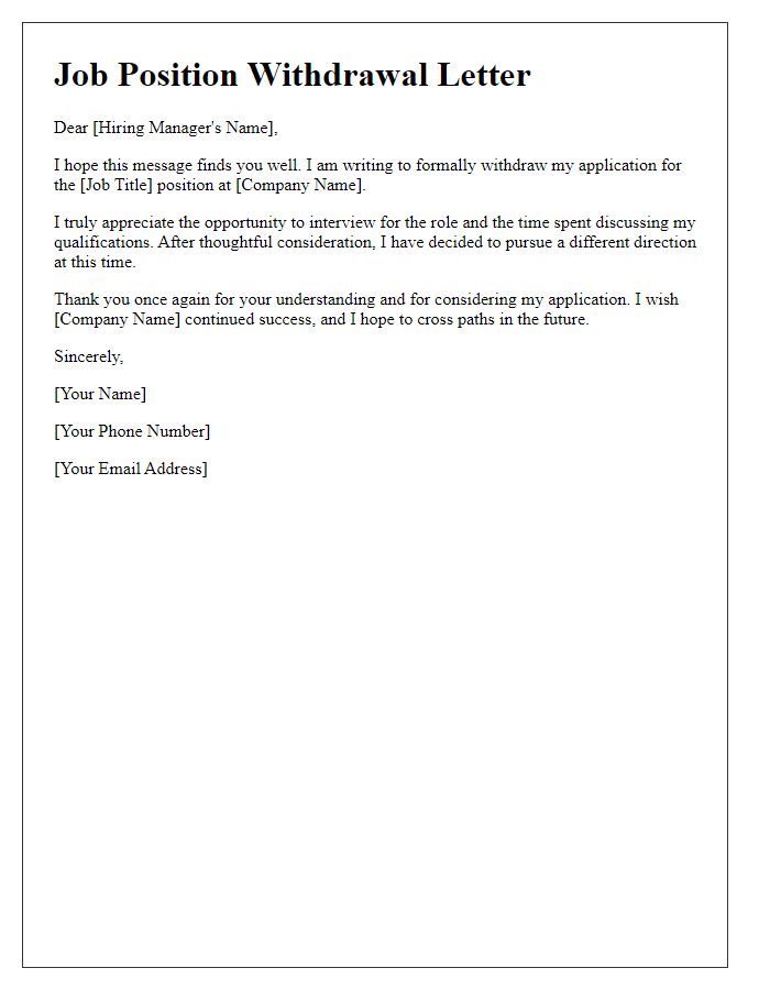 Letter template of job position withdrawal with appreciation