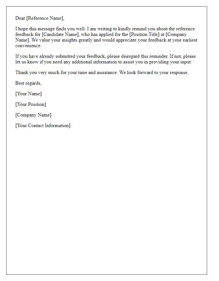 Letter template of reminder for candidate reference feedback.
