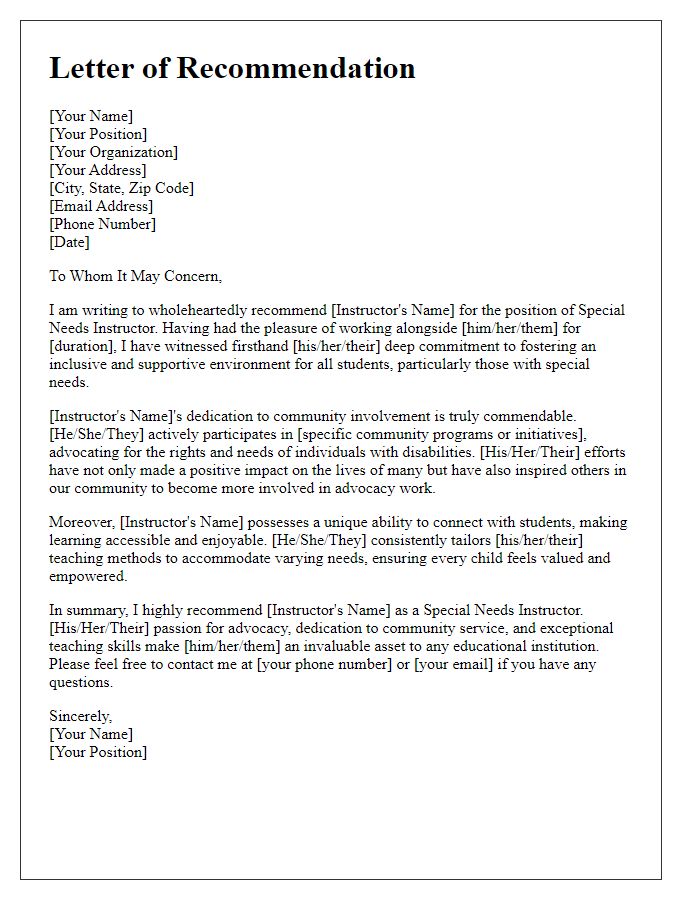 Letter template of recommendation for a special needs instructor celebrating community involvement and advocacy.