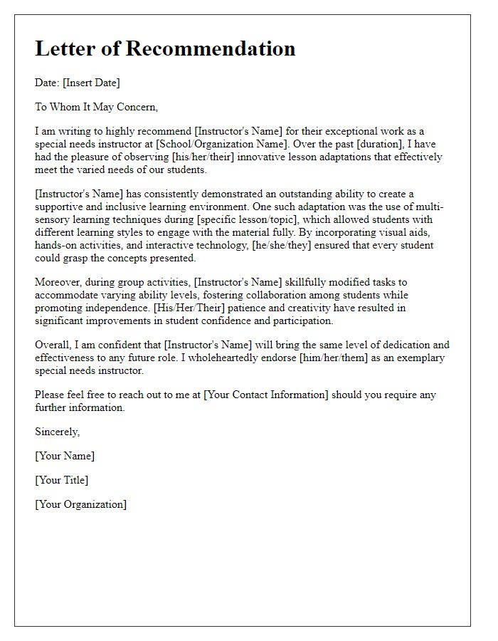 Letter template of recommendation for a special needs instructor detailing successful lesson adaptations.