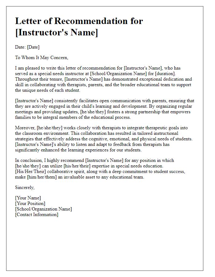 Letter template of recommendation for a special needs instructor showcasing collaboration with therapists and parents.