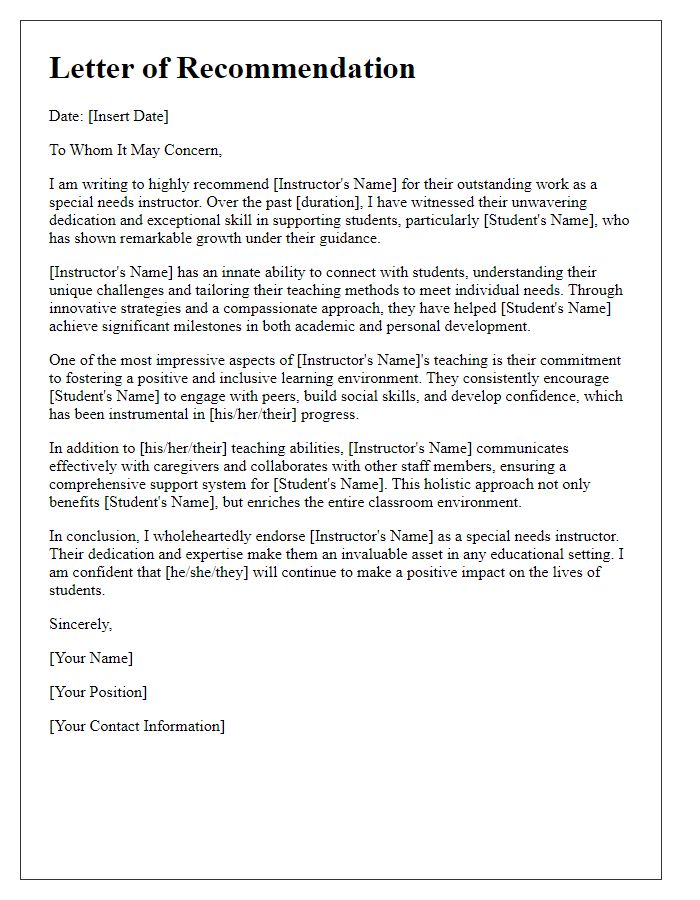 Letter template of recommendation for a special needs instructor supporting a students growth.