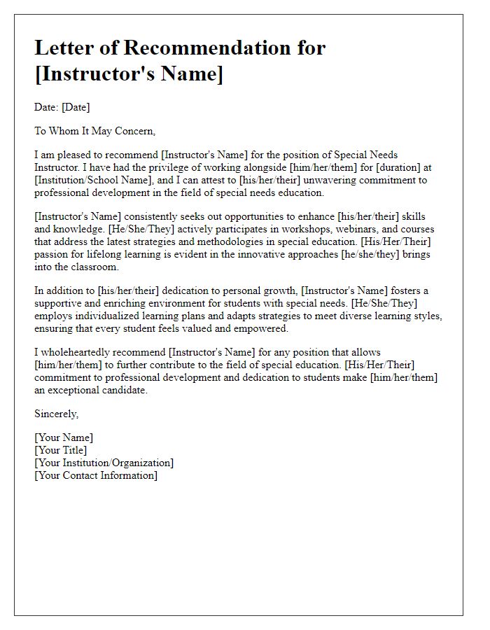 Letter template of recommendation for a special needs instructor underlining commitment to professional development.