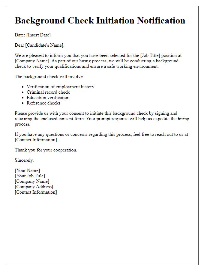 Letter template of background check initiation for job candidates.