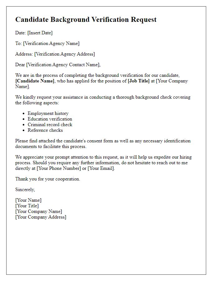Letter template of candidate background verification request.