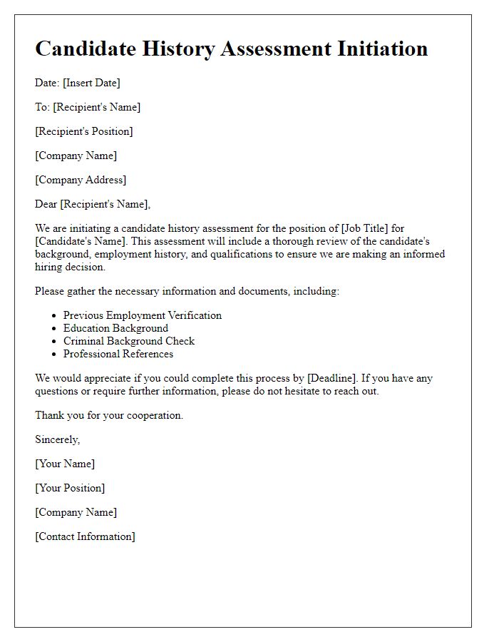 Letter template of candidate history assessment initiation.