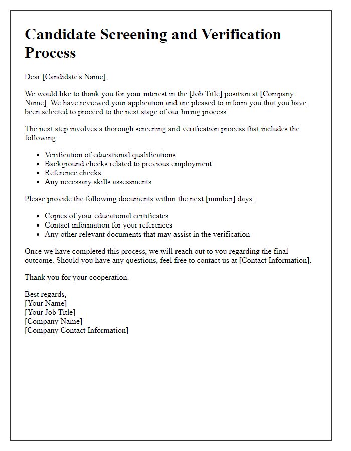 Letter template of candidate screening and verification process.