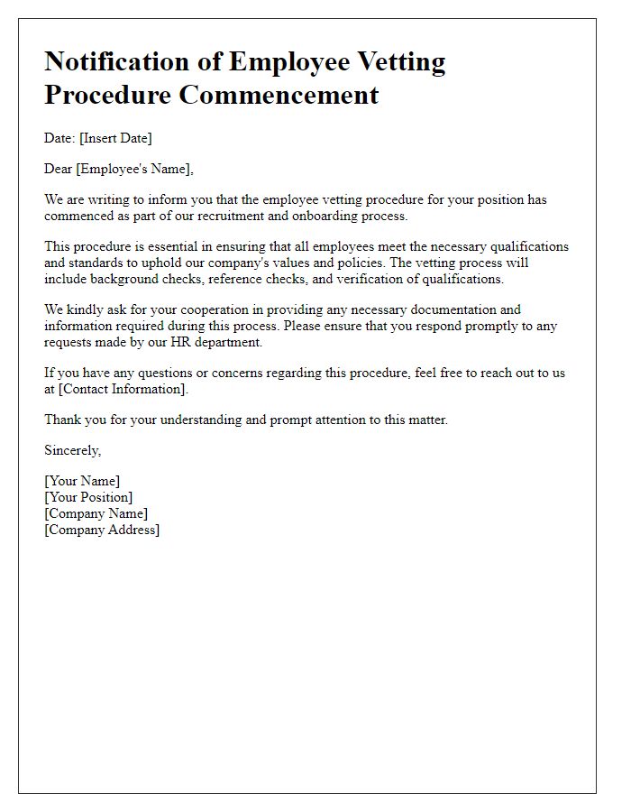 Letter template of employee vetting procedure commencement.