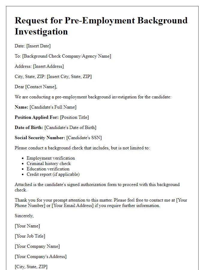 Letter template of pre-employment background investigation request.