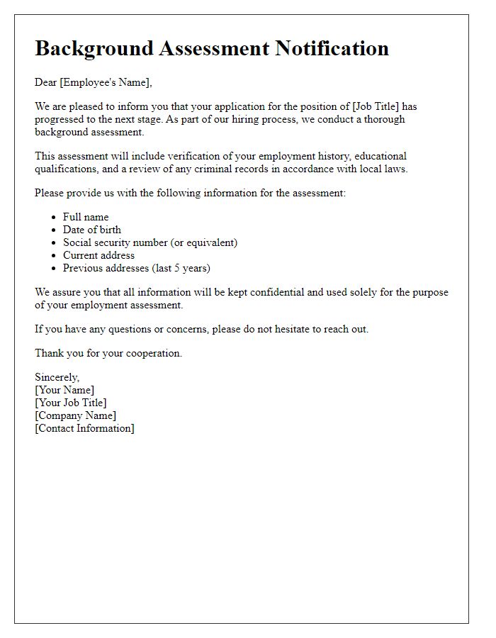 Letter template of prospective employee background assessment launch.