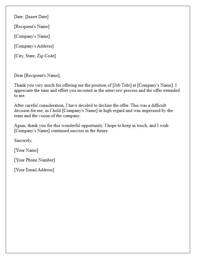 Letter template of graceful job offer refusal