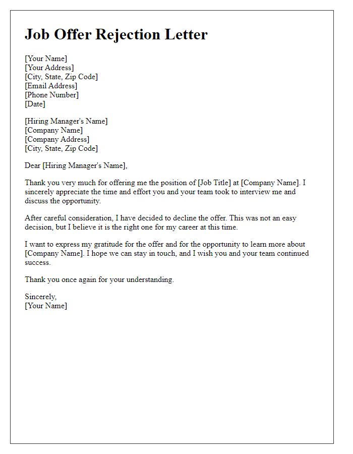 Letter template of sincere job offer rejection