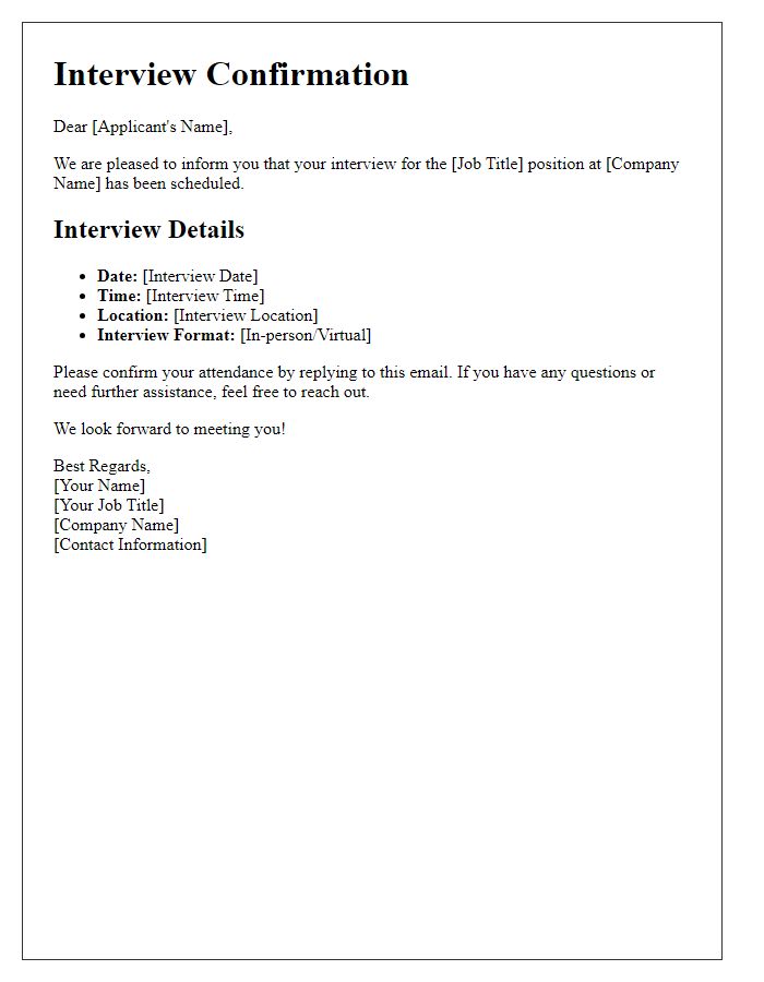 Letter template of job interview details confirmation for applicants