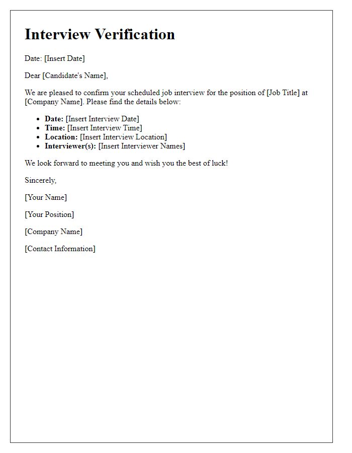 Letter template of verification for scheduled job interview