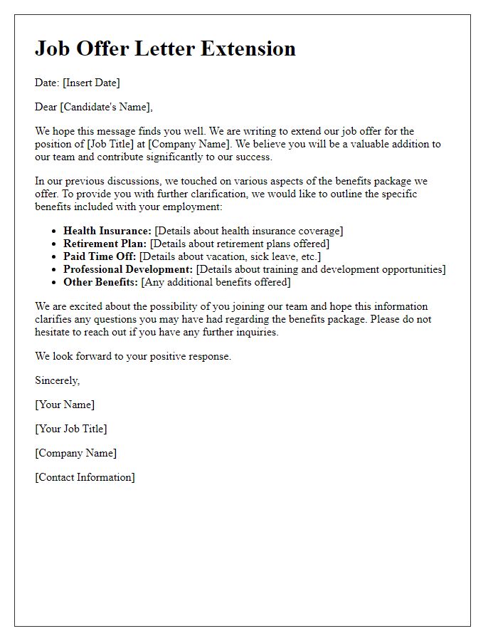 Letter template of job offer letter extension for clarification on benefits.