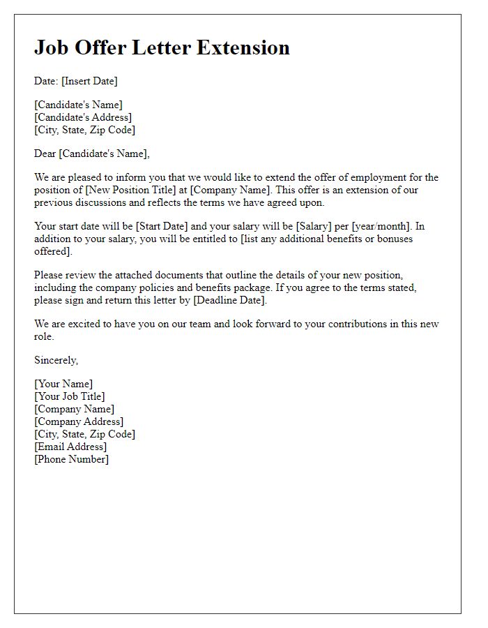 Letter template of job offer letter extension for new position.