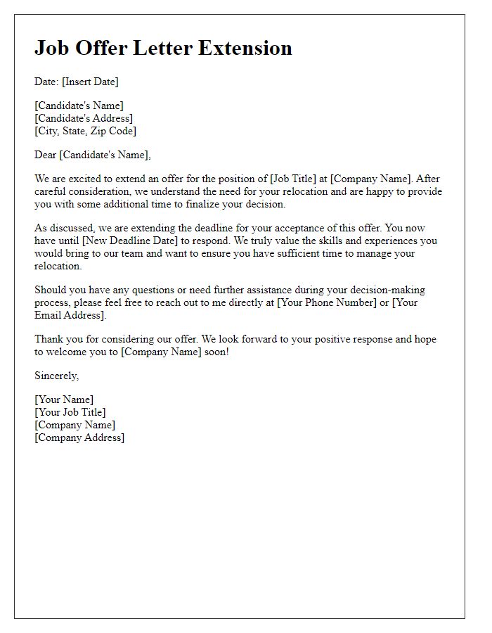 Letter template of job offer letter extension for relocation considerations.