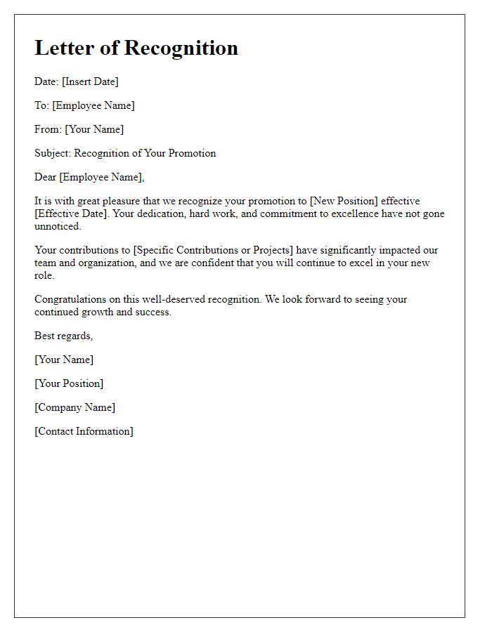 Letter template of recognition for employee promotion.