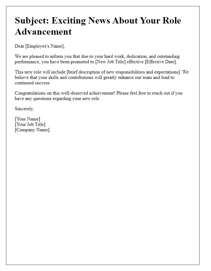 Letter template of role advancement communication.