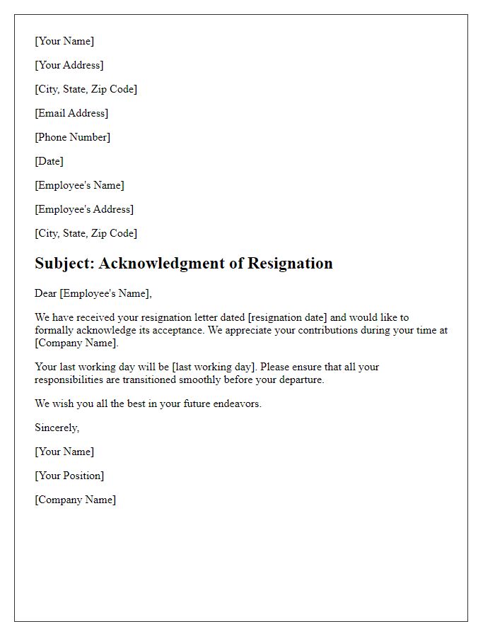 Letter template of resignation acknowledgment for acceptance.