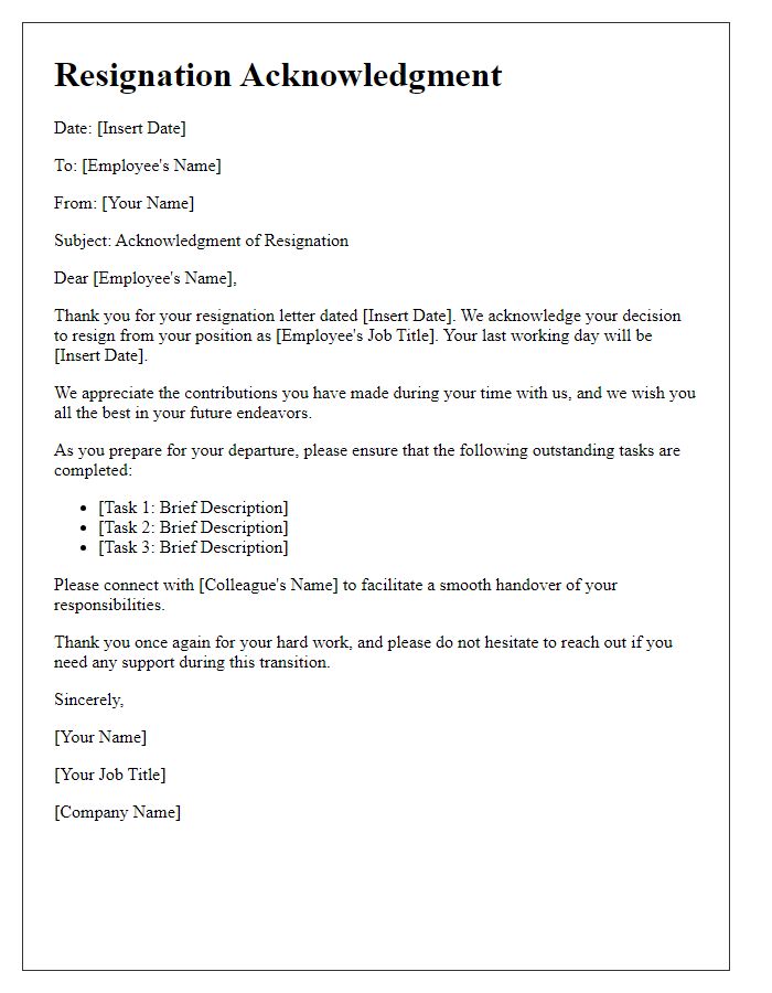 Letter template of resignation acknowledgment addressing outstanding tasks.