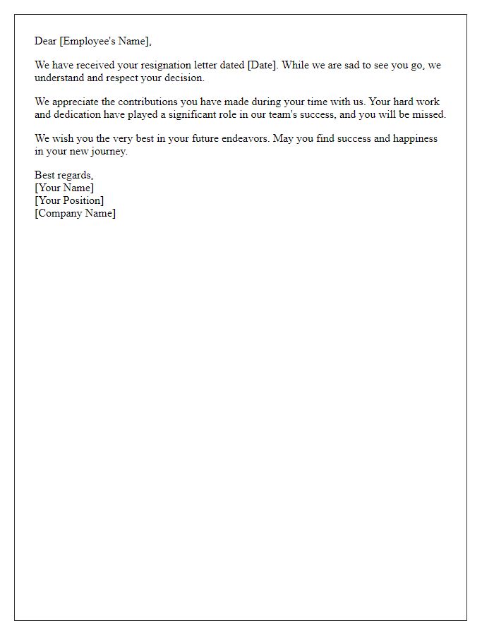 Letter template of resignation acknowledgment with best wishes.