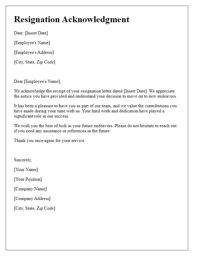 Letter template of resignation acknowledgment for future endeavors.