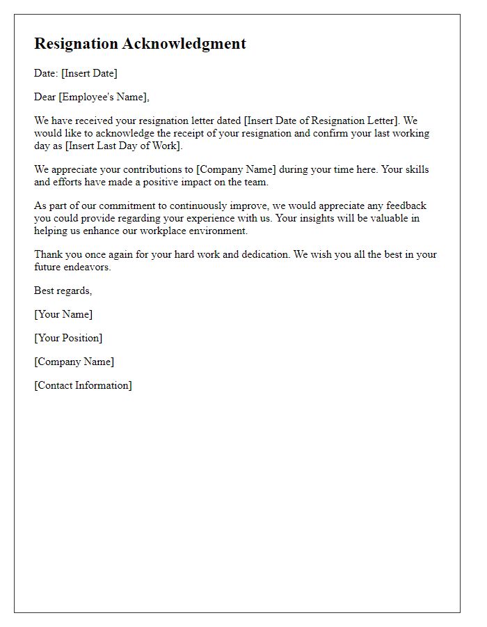 Letter template of resignation acknowledgment with a request for feedback.