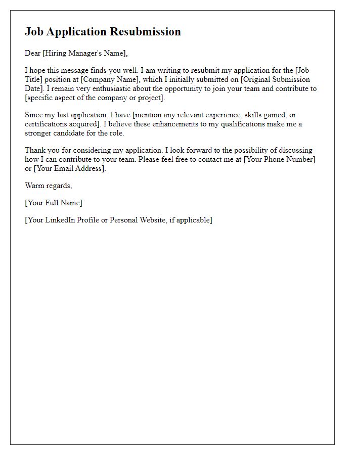 Letter template of re-submission for job application consideration