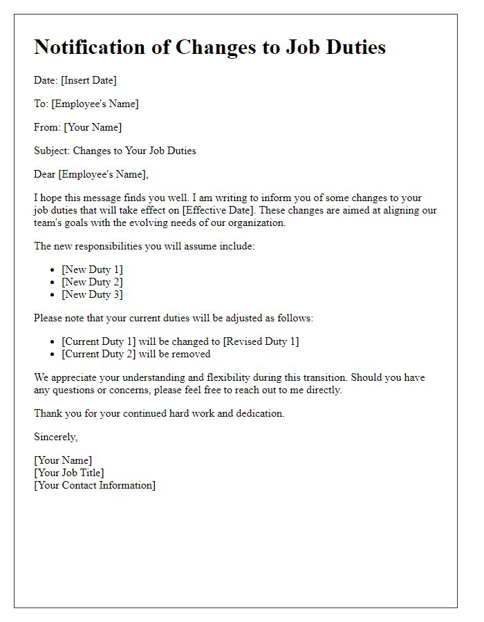 Letter template of changes to job duties communication