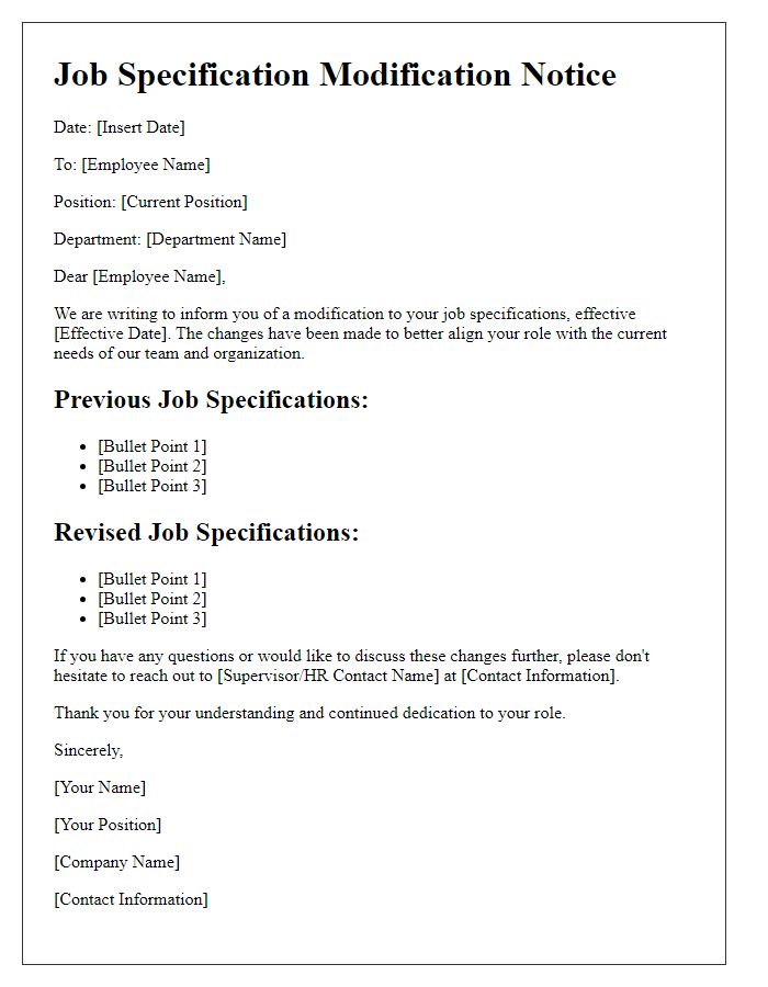 Letter template of job specification modification notice