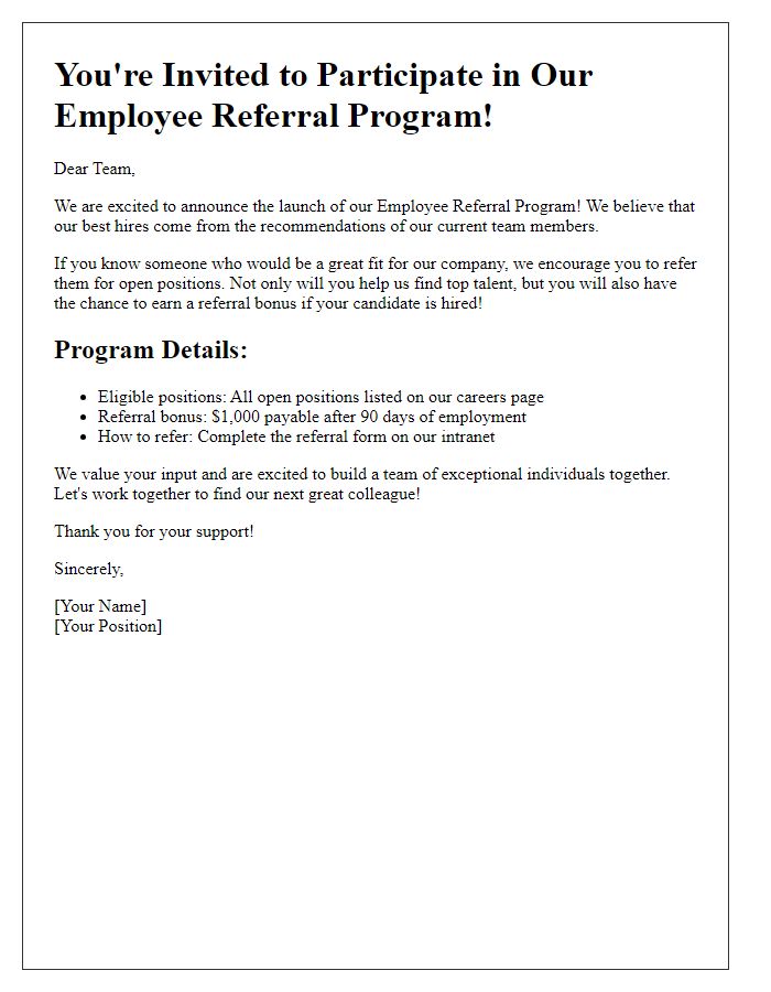 Letter template of employee referral program invitation for all staff.