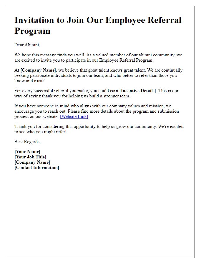 Letter template of employee referral program invitation for alumni.